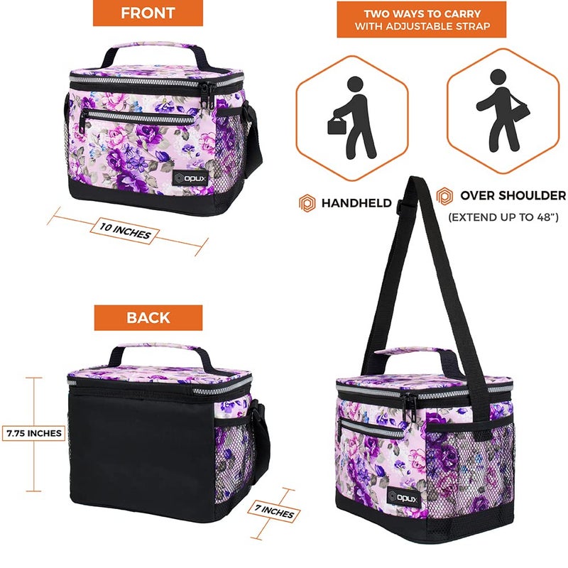 opux Insulated Lunch Box Men Women, Lunch Bag for Work School, Leakproof Soft Cooler Tote Adult, Large Lunch Pail Kids Boys Girls, Picnic Beach Food Bag with Shoulder Strap, Purple Floral - Image 3